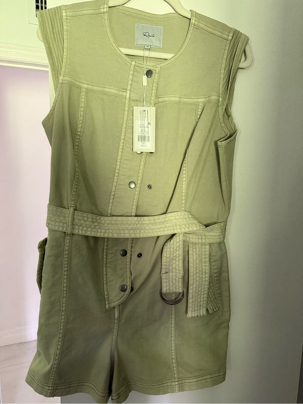 Rails Olive Green Sleeveless Utility Romper with D-Ring Belt